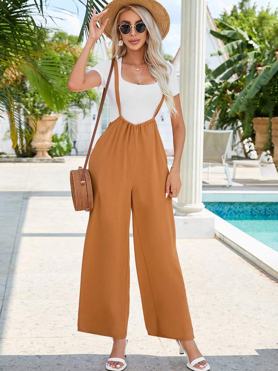 純色闊腿吊帶褲（無T恤） - 橘色 - 查看 1