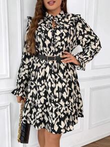 SHEIN Frenchy Plus Allover Print Tie Neck Flounce Sleeve Ruffle Trim Dress Without Belt