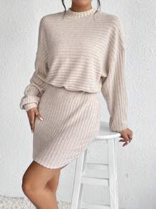 SHEIN Frenchy Mock Neck Drop Shoulder Ribbed Knit Bodycon Dress - Apricot - View 4