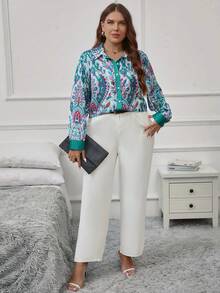 SHEIN Clasi Talla grande Camisa con estampado de paisley con botón delantero - Verde - Ver 5