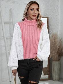 SHEIN Essnce 雙色高領燈籠袖套頭毛衣 - 彩色 - 查看 4