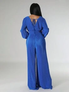 Plunging Neck Twist Front Wide Leg Jumpsuit - Blue - View 2