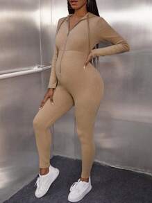 SHEIN Maternidad Mono unitard con cremallera con cordón con capucha - Caqui - Ver 1