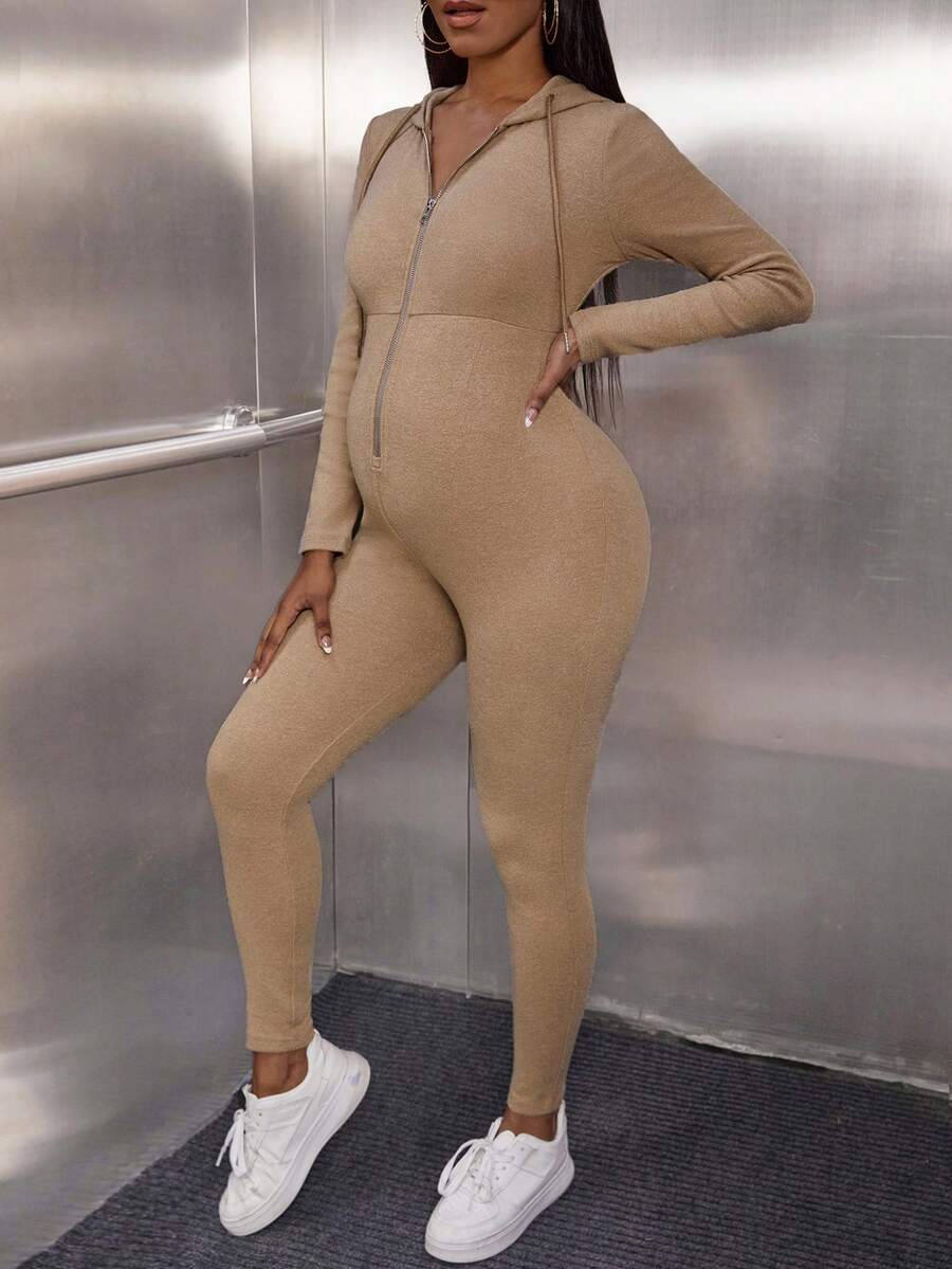SHEIN Maternidad Mono unitard con cremallera con cordón con capucha - Caqui - Ver 1