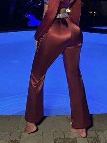 SHEIN SXY Quần ống loe lưng cao không kèm thắt lưng - Màu Đỏ Sâu - Xem 2