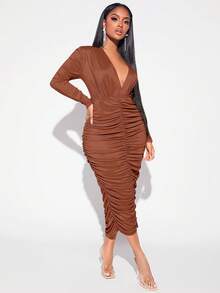 SHEIN SXY Vestido ajustado con escote pronunciado y parte delantera fruncida - Café integral - Ver 3