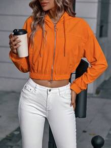 SHEIN Essnce Chaqueta corta con capucha y cordón de hombros caídos - Naranja - Ver 5