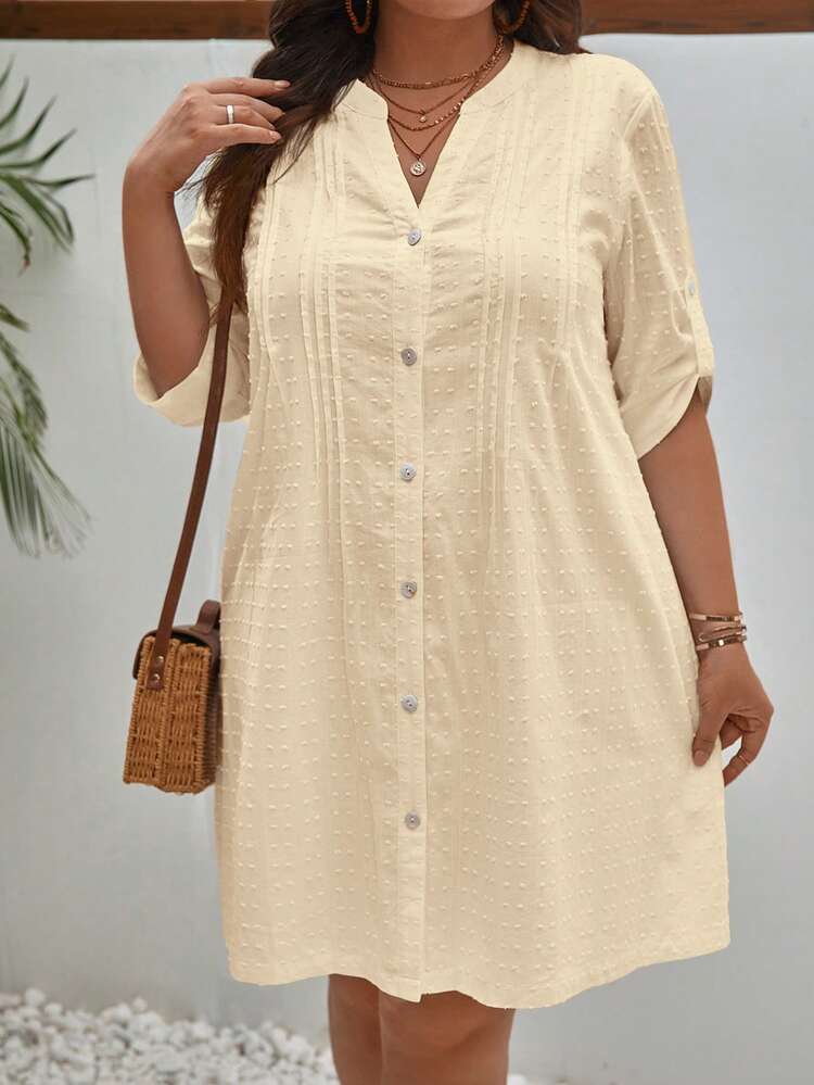 Plus Solid Button Front Roll Up Sleeve Dress