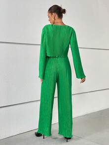 SHEIN Essnce Solid Drop Shoulder Tee & Wide Leg Pants - Green - View 2