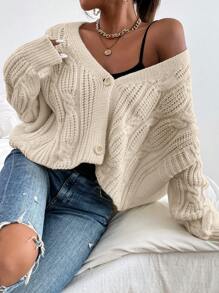 SHEIN Essnce 绞花针织落肩开衫 - 卡其色 - 查看 5