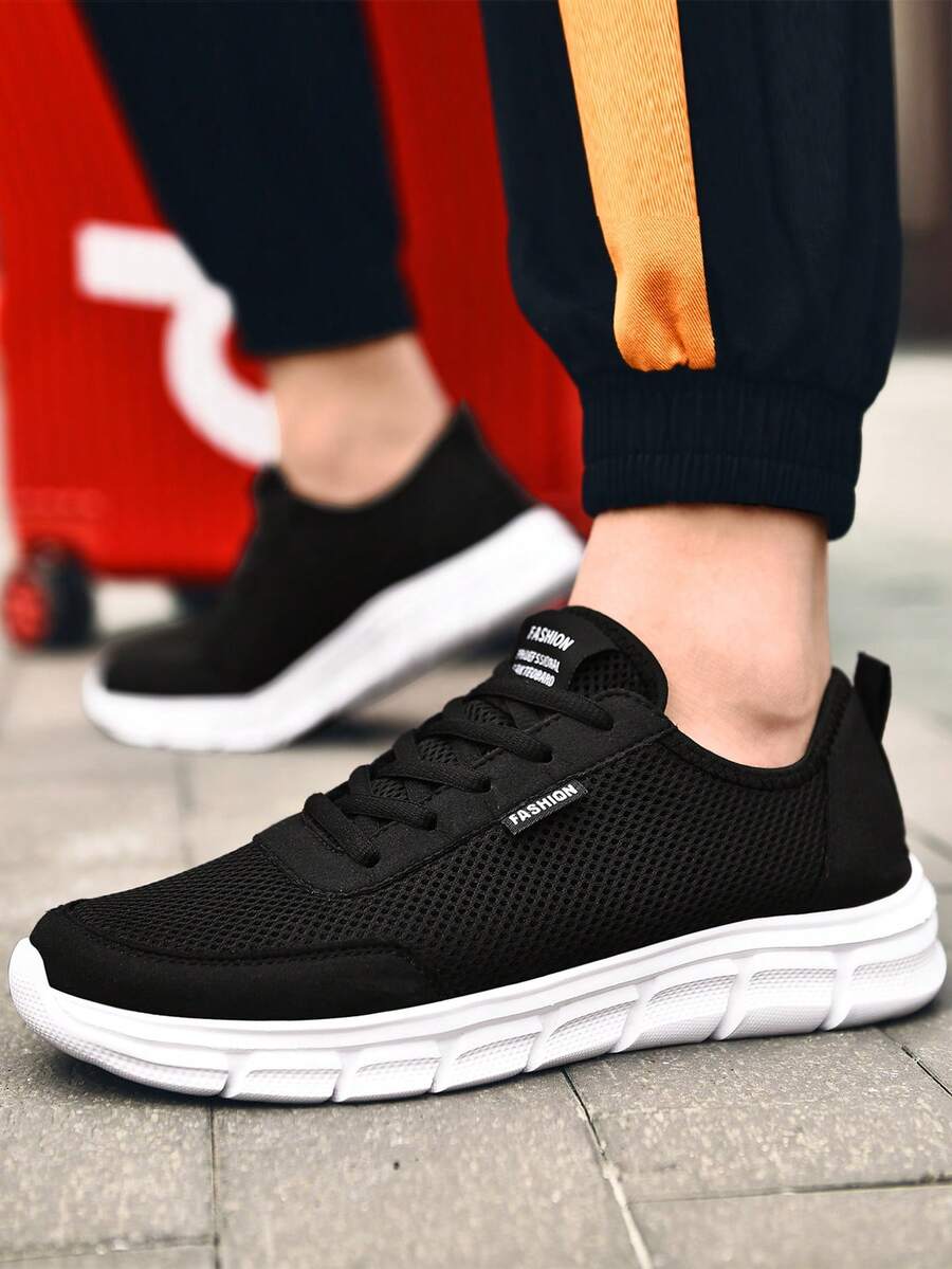 男士運動鞋時尚休閒跑步鞋輕便耐磨透氣防滑百搭 - 黑與白 - 查看 1