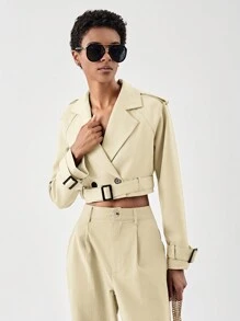 SHEIN BIZwear Lapel Neck Raglan Sleeve Buckle Belted Crop Trench Coat - Beige - View 5