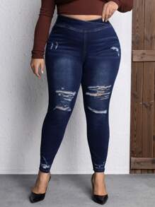 Plus High Waist Ripped Skinny Jeans - Blue - View 2