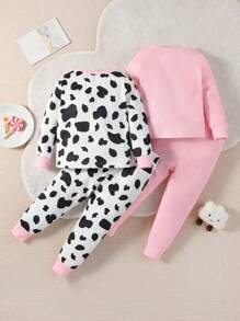 SHEIN Baby Girl 2sets Cow Print Snug Fit PJ Set - Pink - View 2