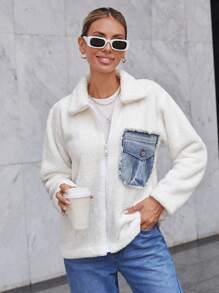 EURMUSE Flap Pocket Drop Shoulder Teddy Coat - White - View 3