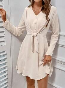 SHEIN Frenchy Vestido línea A unicolor con nudo delantero con botón delantero - Albaricoque - Ver 6