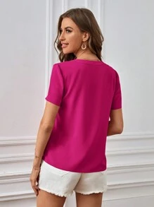 SHEIN Clasi Áo cổ khoét nút phía trước chắc chắn - Màu Hồng Tươi - Xem 2
