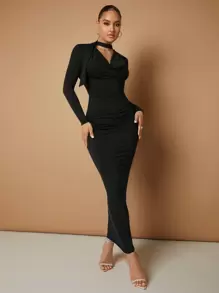 SHEIN BAE Draped Collar Ruched Bodycon Dress - Black - View 1