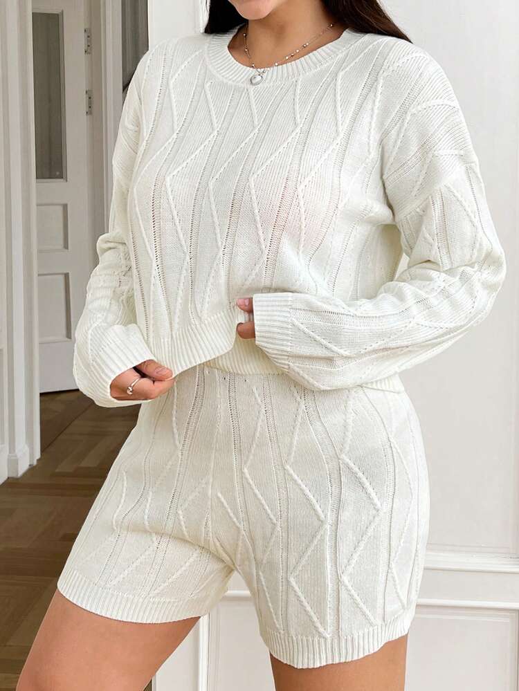 Plus Cable Knit Drop Shoulder Sweater & Knit Shorts