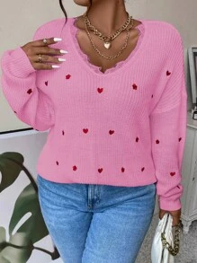 Calvaya 大碼愛心刺繡睫毛蕾絲邊落肩袖套頭毛衣 - 粉色 - 查看 7