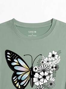 SHEIN LUNE 蝴蝶和印花T恤 - 綠色 - 查看 8