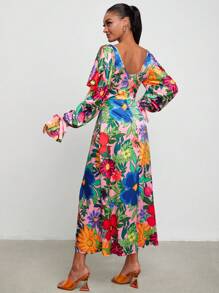 BELANGE HANDMADE Floral Print Flare Sleeve Split Thigh Dress