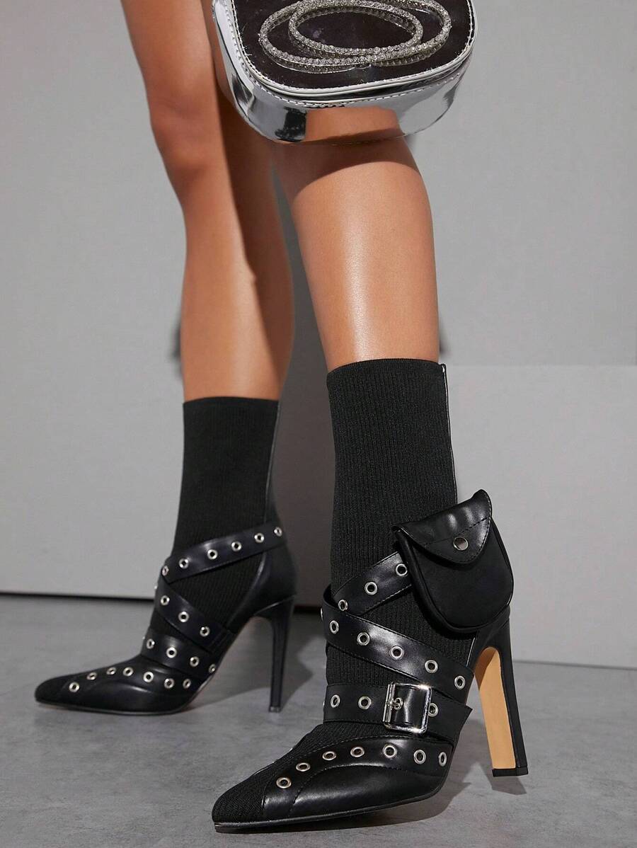 SHUZIA Pointy Toe Studded Detail Stiletto Boots - Black - View 1