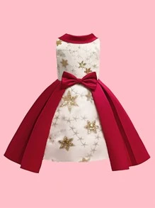 Girls' Star & Glitter Detail Red And Golden Princess Party Dress With Fluffy - Red - View 1