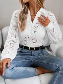 SHEIN Privé Camisa con bordado con ojal de hombros caídos - Blanco - Ver 5