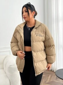 SHEIN EZwear Áo khoác đệm cỡ lớn có in chữ - Màu be - Xem 3