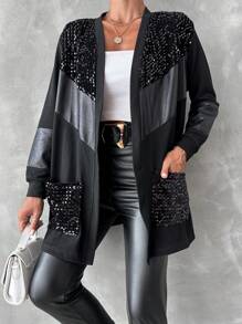 EURMUSE Contrast Sequin Dual Pocket Open Front Coat - Black - View 5