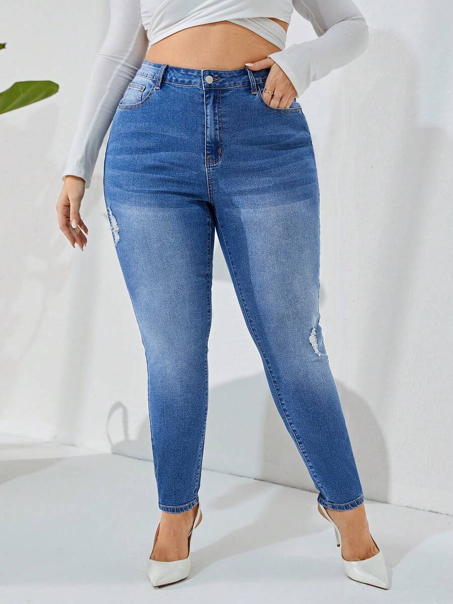 SHEIN Privé Hơn Cao eo Quần jean rách - Rửa trung bình - Xem 1