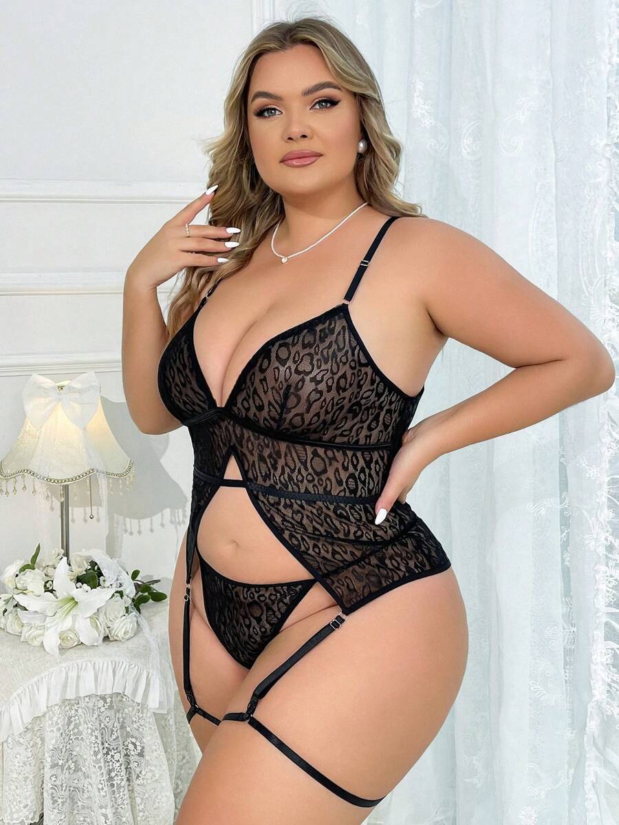 Talla grande Set de lencería de leopardo con encaje con liga