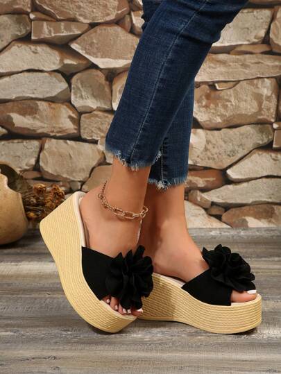 Women Flower Decor Wedge Slide Sandals, Vacation Summer Faux Suede Sandals