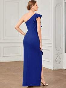 Vestido de graduación Vestido de noche de cola de sirena con un hombro, volantes y abertura para mujer, vestido formal largo para cóctel - azul real - Ver 2