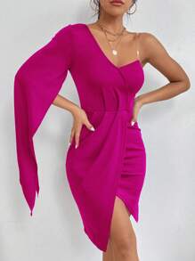 SHEIN PETITE 單肩開衩袖圍裹連衣裙