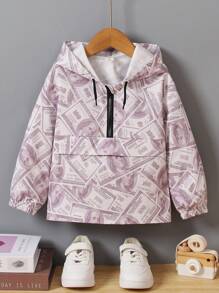 Young Boy Full Print Hooded Half Zip Long Sleeve Jacket - Apricot - View 3
