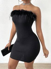 Zolique Fuzzy Trim Tube Bodycon Sweater Dress - Black - View 3