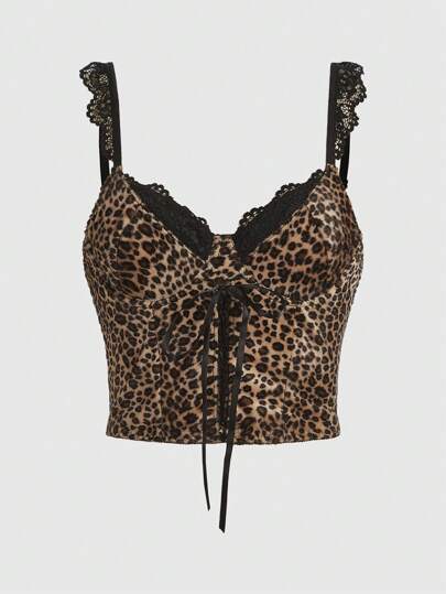 Grunge Punk Top de camiseta de tirantes con contraste de encaje y cordones con estampado leopardo estilo Gyaru, parte superior gráfica con estampado de guepardo para mujer