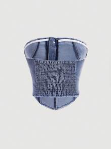 SHEIN MOD Raw Trim Button Front Denim Top - Medium Wash - View 2