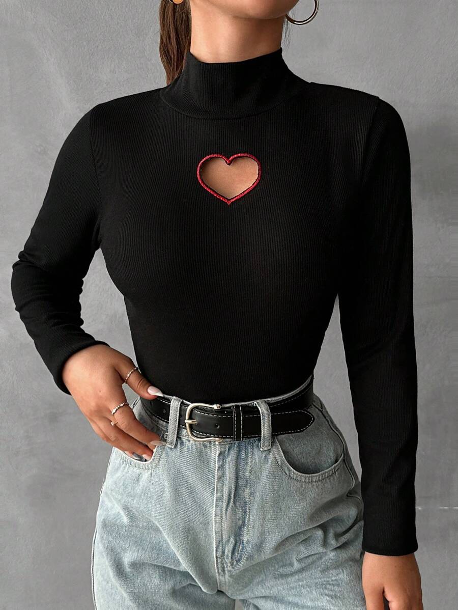SHEIN Cottnline Heart Cut Out Mock Neck Tee - Black - View 1