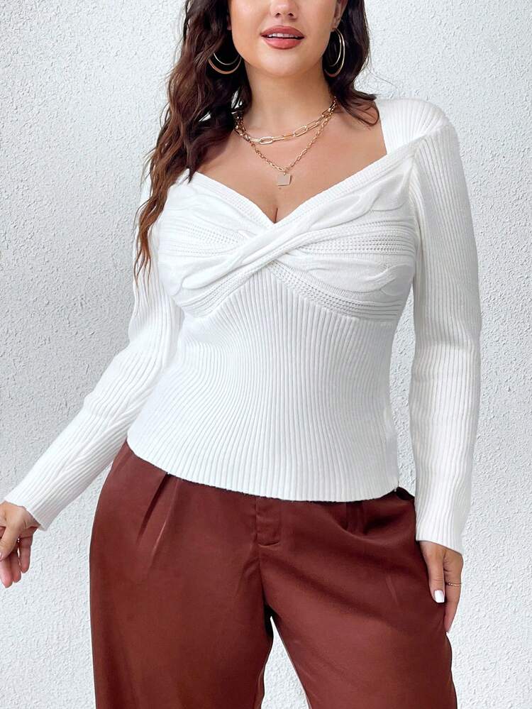 Plus Twist Front Sweetheart Neck Ribbed Knit Tee Knit Pullover Fall Winter Sweater