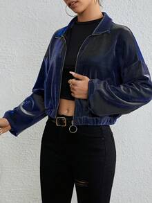 SHEIN EZwear Drop Shoulder Zip Up Crop Jacket - Blue - View 5