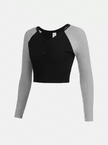 SHEIN Teen Girl Colorblock Raglan Sleeve Tee - Black - View 3