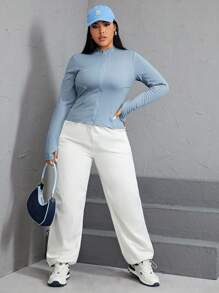 SHEIN EZwear 秋冬加大拉链拇指孔罗纹针织夹克 - 藍色 - 查看 5