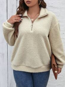 SHEIN LUNE 大碼半拉鏈落肩袖絨毛運動衫 - 米色 - 查看 1