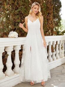 Split Thigh Lace Cami Bridal Dress - White - View 6