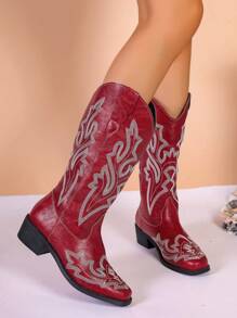 2024新款女士秋冬時尚通配PU繡花粗跟西部風格休閒騎士中筒靴，女式牛仔靴 - 紅色 - 查看 6