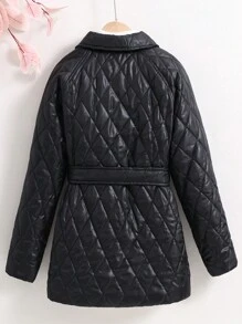 SHEIN 女大童翻蓋口袋腰帶絎縫外套無毛衣