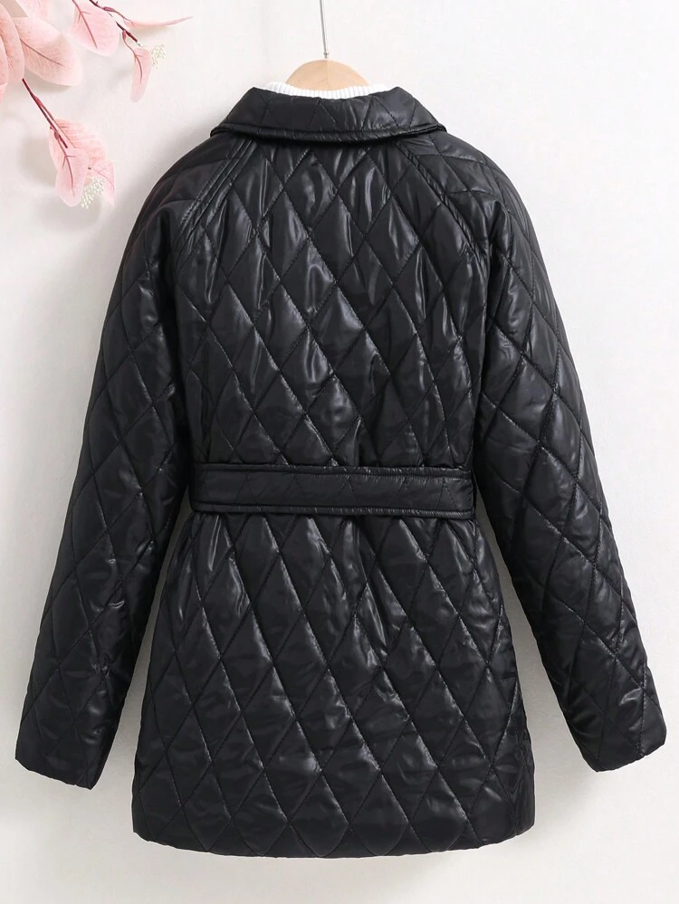 Tween Girl Flap Pocket Belted Quilted Coat Without Sweater